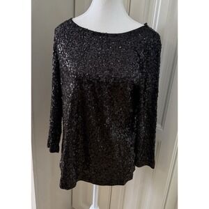J.Crew Black Sequin Top Large Party Blouse Sparkle Glam Holiday Cocktail